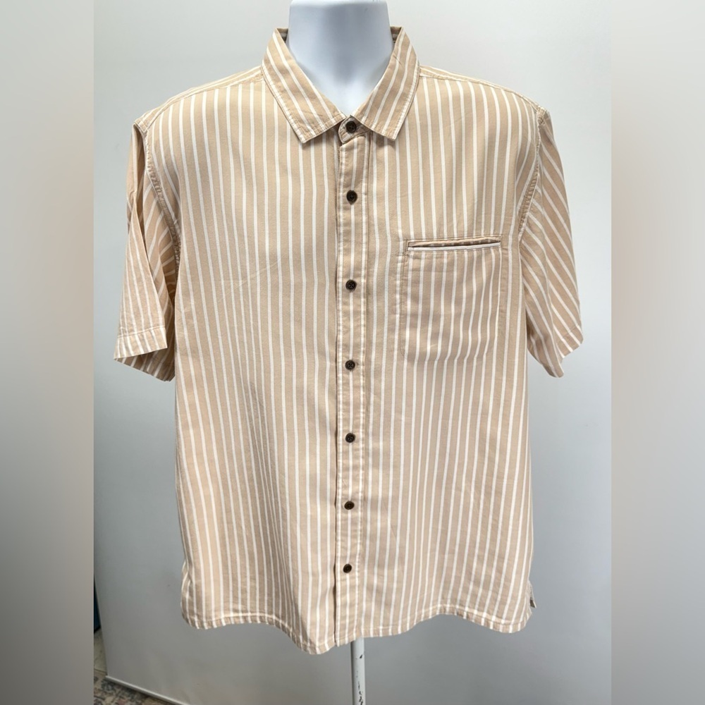 PACT Men's tan and white striped button down camp shirt size XL